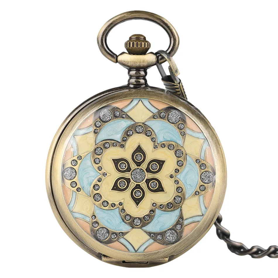 

Blooming Flower Display Bronze Antique Hand Winding Mechanical Pocket Watch 30 cm Pocket Chain Pendant Clock