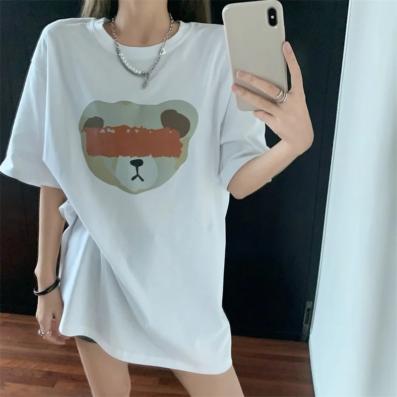 

Kawaii Bear Print Short-Sleeved Dark Blue Round Neck T-Shirt Women Casual Loose Japanese Cute Summer T-Shirt