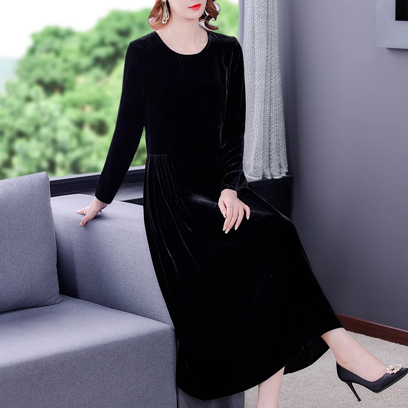 

Black Velvet Soid Hepburn Maxi Dress Autumn Winter Elegant Bodycon Night Dress Female Korean Vintage Office Lady Casual Vestidos