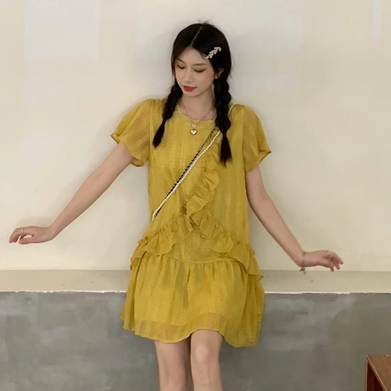 

GALCAUR Patchwork Ruffle Fold Pleated Trim Summer Dress For Women Round Collar Short Sleeve Solid Mini Dress Female 2021 Clothes