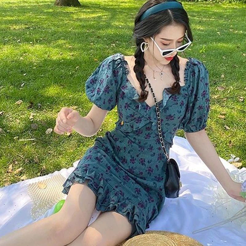 

Short Sleeve Elegant Vintage Dresses Women Casual Floral Mini Dress Female Design Sexy One Piece Dress Korean Summer 2021 Y2K