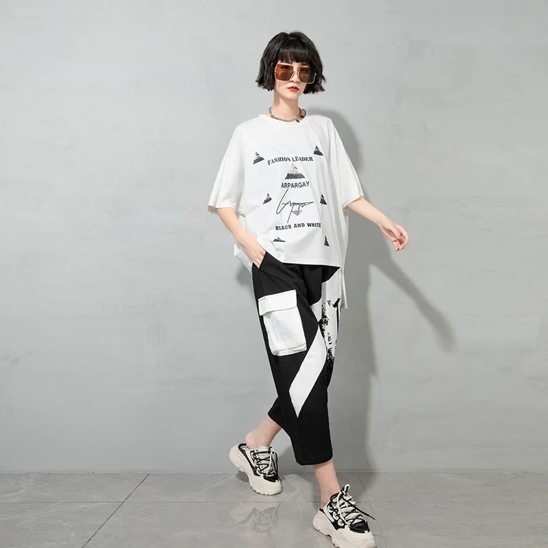 

2021 Summer Women Black White Irregular T Shirt 2021 Women Letter Printed T Shirt Female Streetwear T Shirt Z735