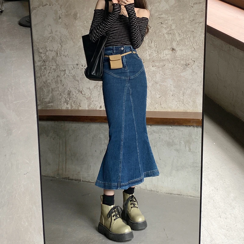 

S-XL Denim Skirts Womens 2021 Korean style Ruffles Slim Long Jeans Skirt High Waist Fish Tail Denim Skirt Long For Womens(78781