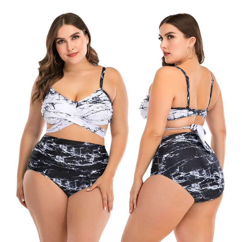

Plus Size Swimwear Women Two-Piece Swimsuits Print Bikini Wireless High Waist Padded Separates Swimming Suit Beach Wear HL-8821