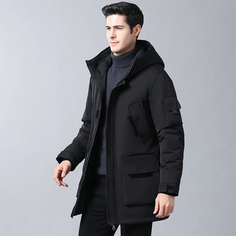 Зимняя Толстая Теплая мужская Тонкая деловая пуховая куртка с капюшоном длинная