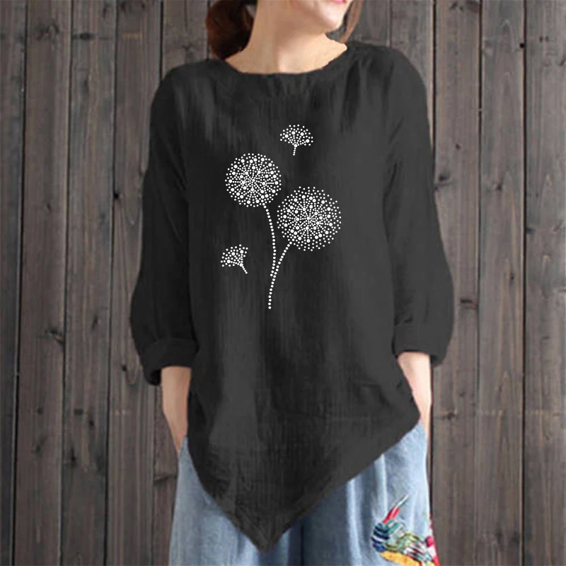 

New Autumn Casual Dandelion Printing Irregular Hem Women'S Round Neck Linen Long Sleeves Oversize T-Shirts Vintage Clothes Women