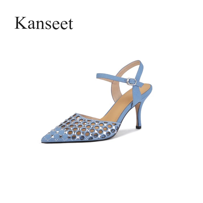 

Kanseet Hollow Out Shoes 2021 Women's Sandals Summer New Handmade Genuine Leather Shoes Thin High Heels Black Blue Women Sandals