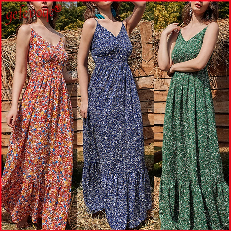 

Summer Sexy Backless Flower Print Long Dress Women Ruffle Ruched V-Neck Ladies Robe Spaghetti Strap Beach Elegant Party Vestidos