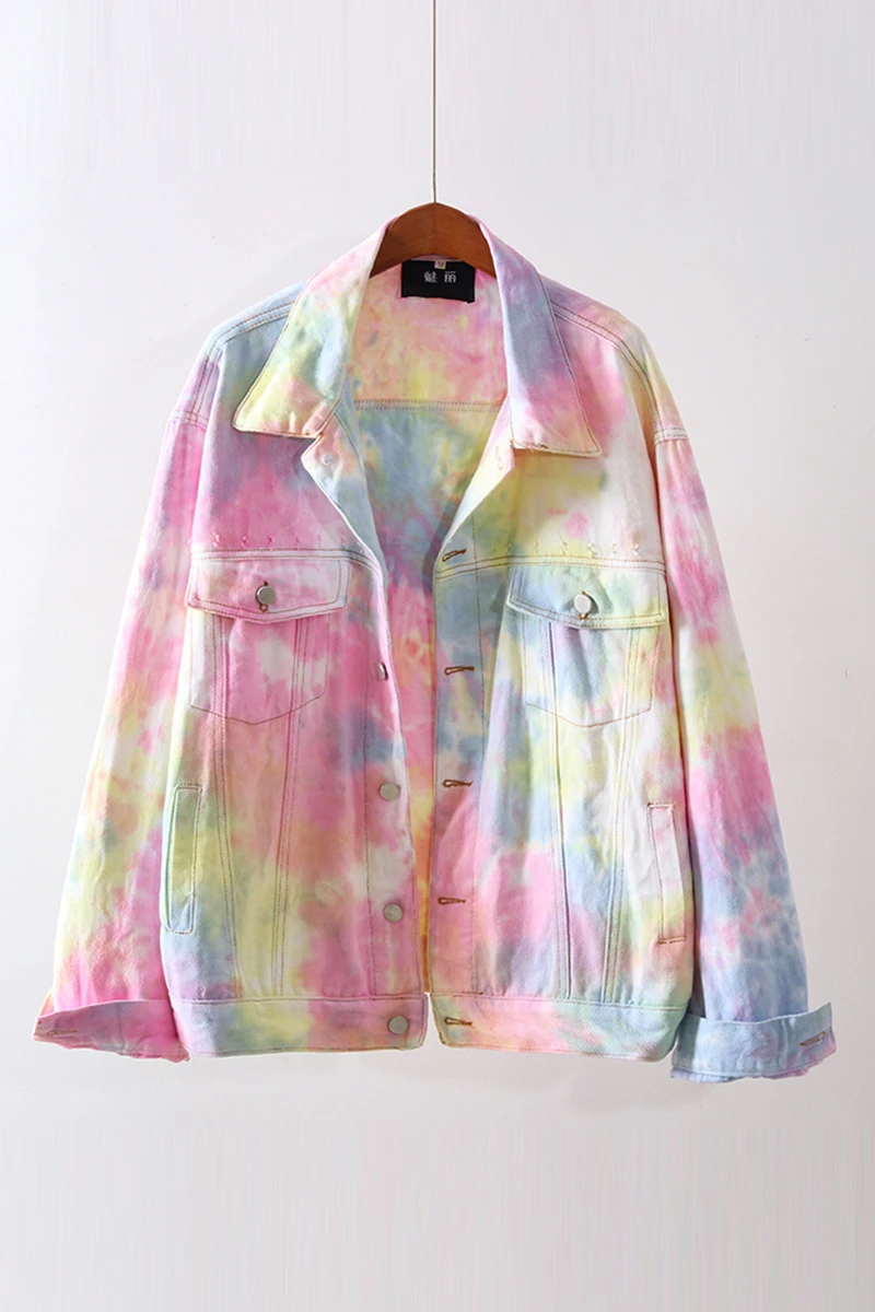 

European Jeans Jackets Woman 2020 Autumn New Design Loose BF Gradient Color Tie-Dye Hole Short Jeans Coat Women's Fashion Jacket