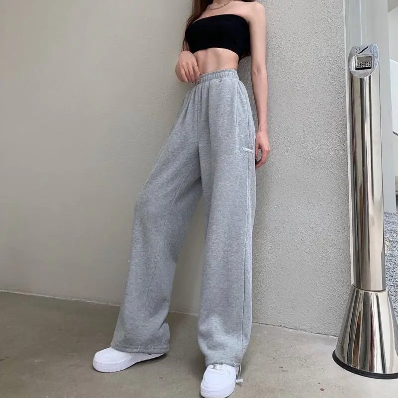 

Gray sports pants women's summer hip hop leisure oversizes high waist drape straight wide-leg casual trousers jogging streetwear