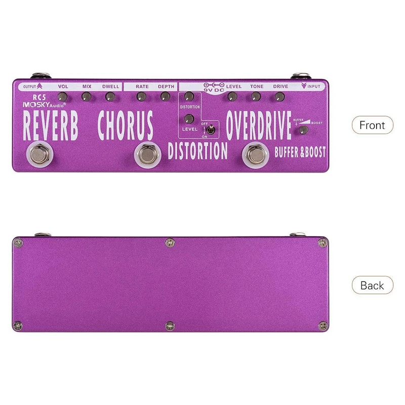 

MOSKY RC5 6In1 Guitar Multi Effects Pedal Reverb Chorus Distortion Overdrive Booster Buffer Metal Shell with True Bypass