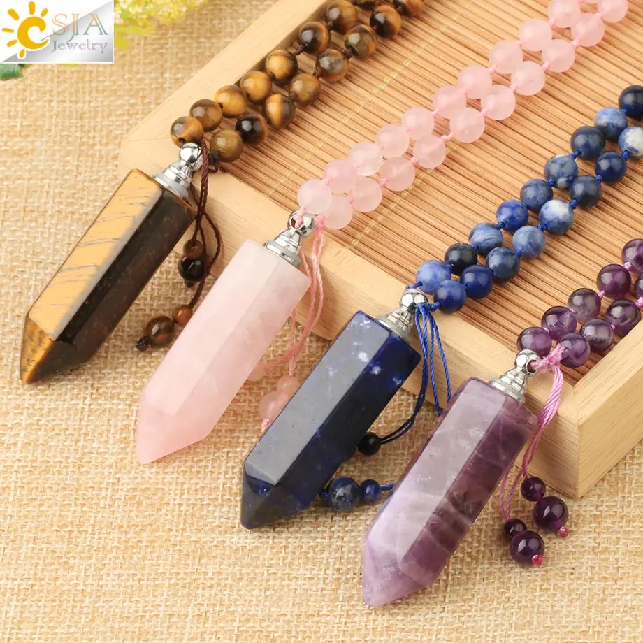 

CSJA Long Natural Gem Stone Necklace Hexagonal Perfume Bottle Pendant Essential Oil Diffuser Purple Pink Crystal Jewelry G675