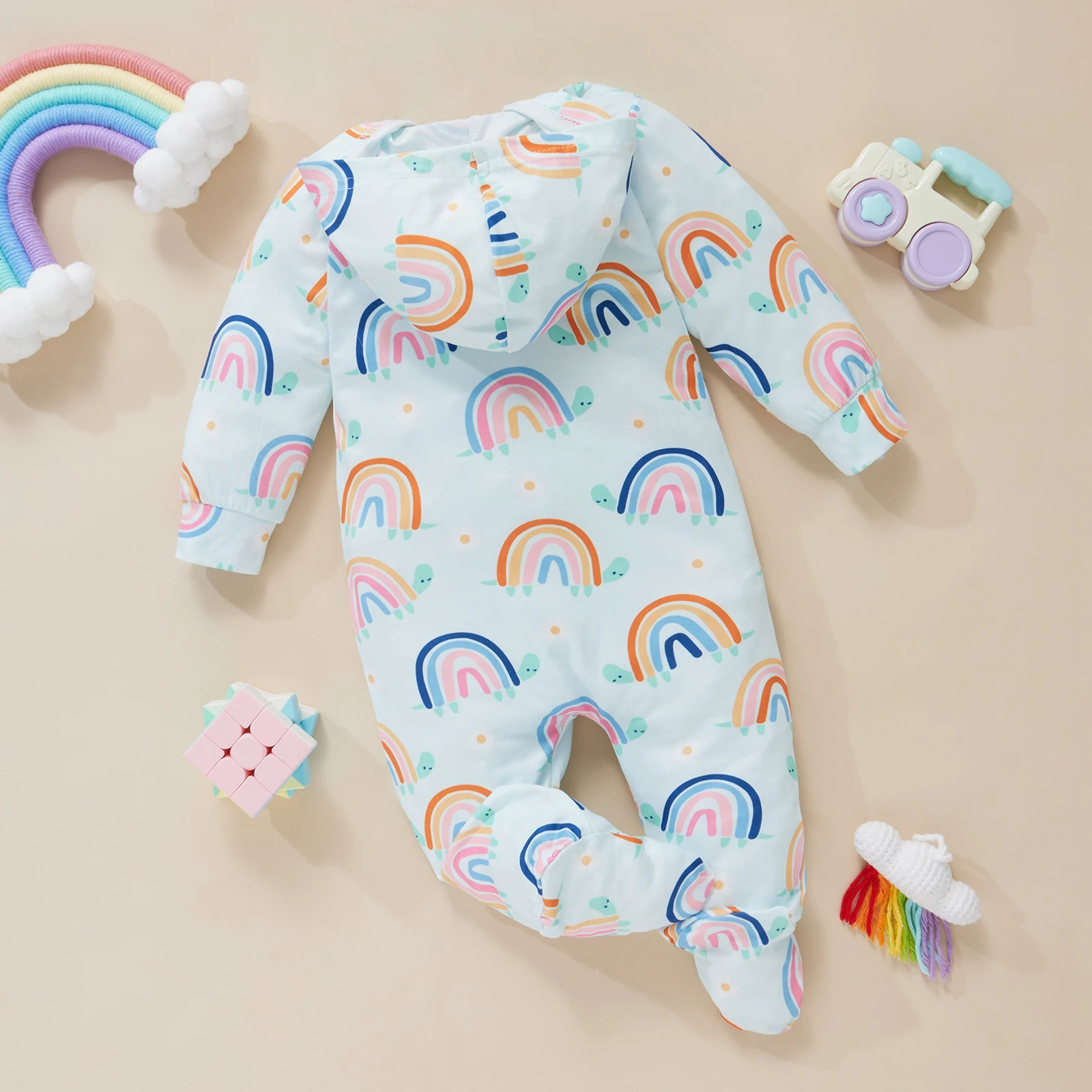 

Infant Baby’s Girls Boys Casual Long Sleeve Footed Jumpsuit Fresh Rainbow Print Zipper Hooded Long Romper 2021 New Fashion
