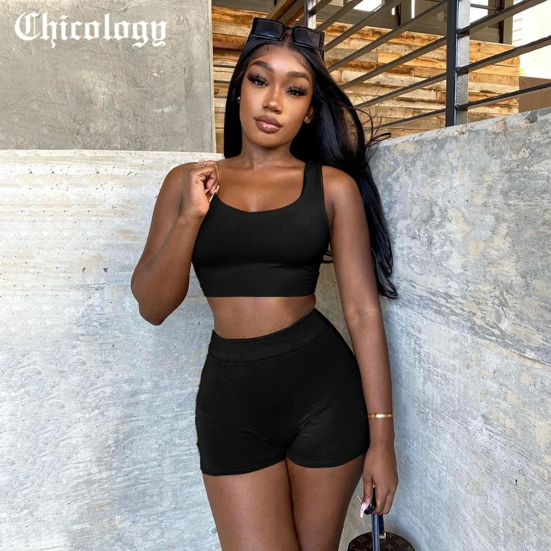 

Chicology Women Summer 2021 2 Two Pieces Sets Ribbed Knitted Sport Crop Tank Top Short Pants Bodycon Stretchy Street 2 Suits