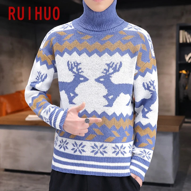 

RUIHUO 2021 Christmas Turtleneck Men Sweater With Deer Pullover Men Clothing Korean Men Turtle Neck Winter Clothes M-3XL