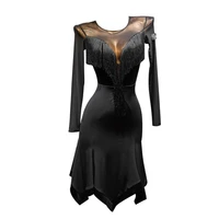 latin dance dress black long sleeve latin fringe mesh stitching dress slim sexy adult practice wear competition costumes