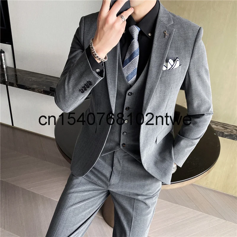 

Мужской свадебный костюм для жениха, костюм из трех предметов, банкетный костюм в Корейском стиле, мужское большое платье в полоску, 2021