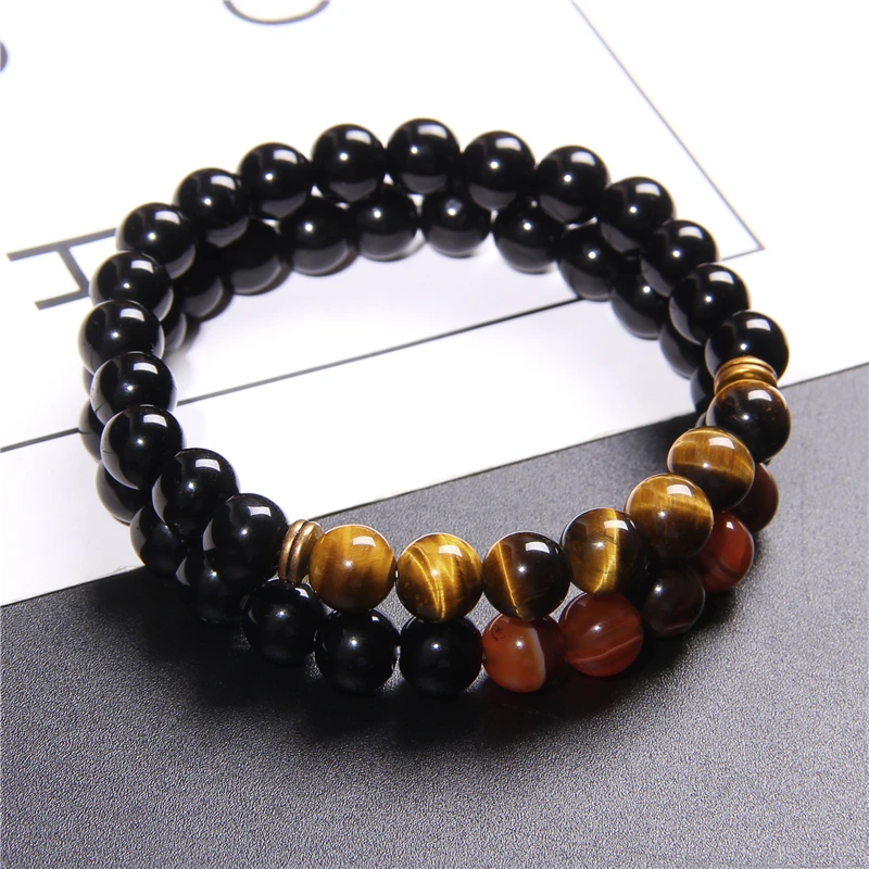 8 mm Gold Tiger Eye Stone Beads Bracelets For Women Friendship Bracelet Men Natural Energy Polished Black Onyx Bangle Jewelry | Украшения и