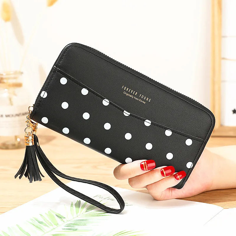 

Long Women Wallets Pure Color Dots Zipper Coin Purses Female Large Capacity Pu Leather Letter Card Holder Clutch Money Clip