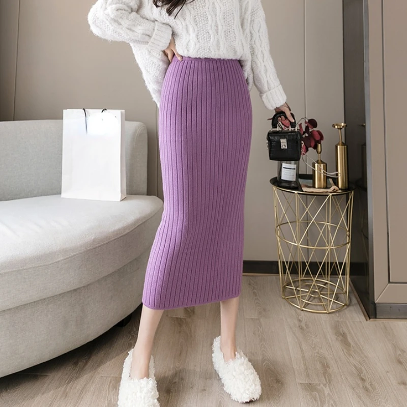 

Winter Wool Blend Rib Knitted Long Tube Skirts Solid Burgundy Calf Length Pencil Knit Skirts Purple Gray Ivory