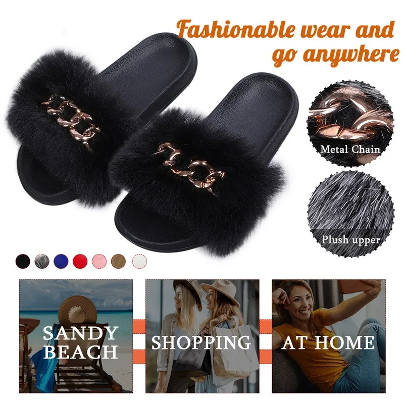 

Fluffy Flip Flops Faux Fur Slippers Designer Golden Chain Furry Fur Slides Plush Beach Slippers Women Sandals Home Flat Shoes