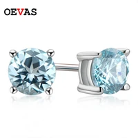 oevas sterling sparkling 100 925 silver 0 6ct topaz aqual blue round earrings for women party birthday stone fine jewelry