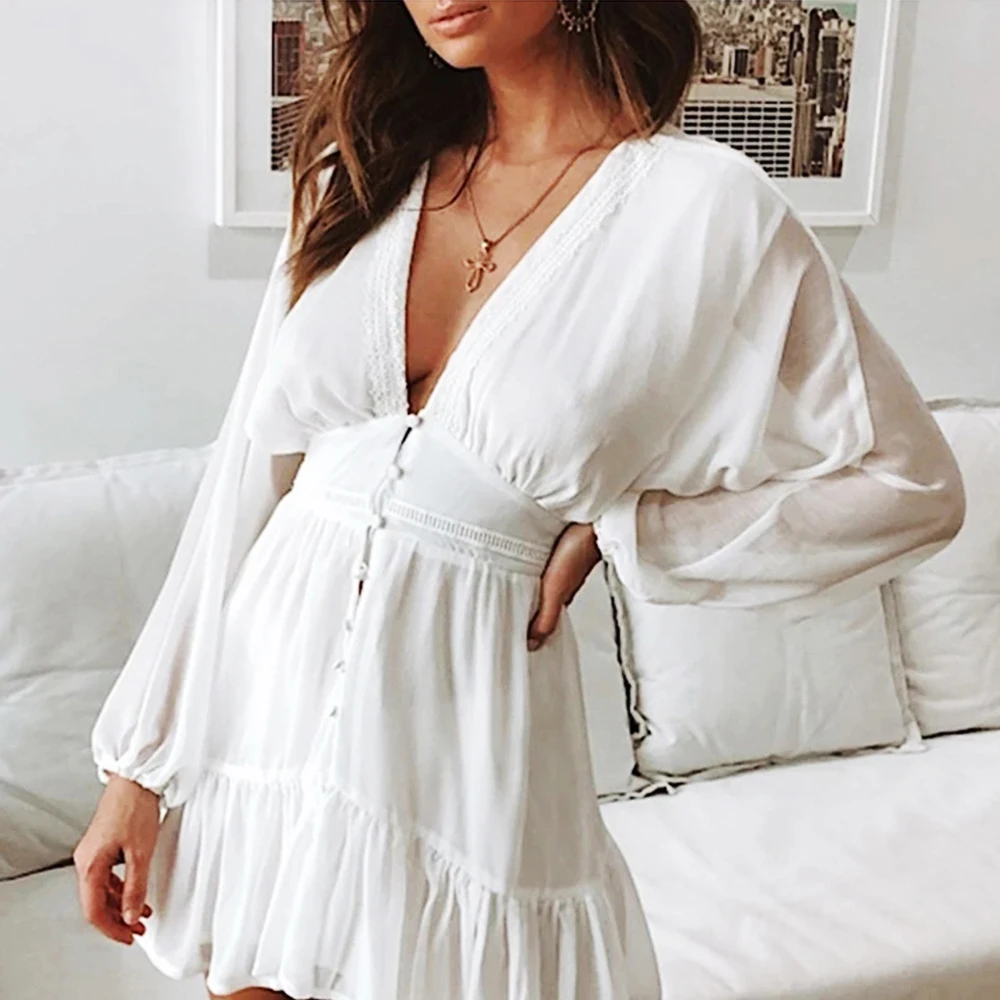 

Elegant Sexy Deep V White Chiffon A-line Dress 2020 Summer Autumn Casual Long Sleeve High Waist Slim Ruffle Party Beach Dress