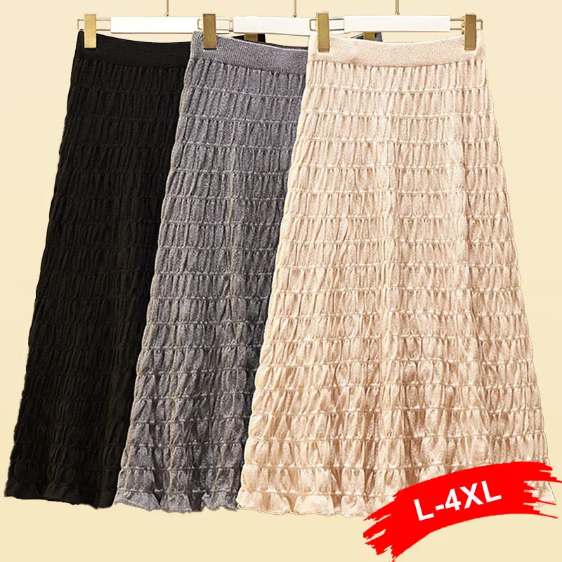 

Gray Plus Pleated Size Knitting Stacked Maxi Skirts 5XL Winter Autumn A-line Mid Korean Princess Midi Knitted Skirt