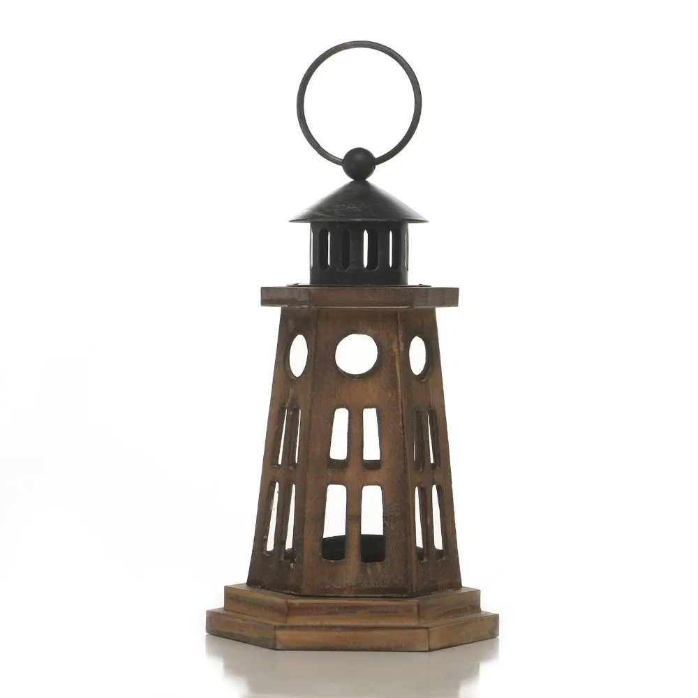 C 11.5x11.5x22cm Gray Wind Light Candle Holders Wrought Iron Candlestick Wooden Wind Light Castle Lighthouse Decor Vintage Old Charcoal Color - Цвет: C 11.5x11.5x22cm