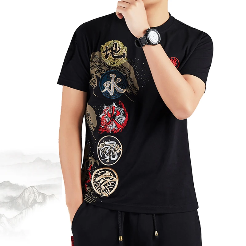 Футболка в японском стиле Мужская футболка с короткими рукавами и вышивкой