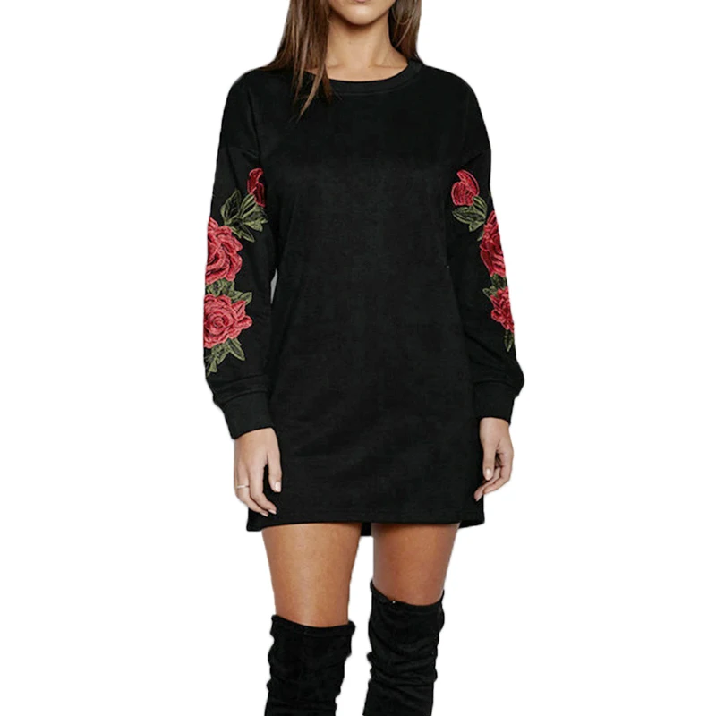 

Plus Size S-5XL Autumn Long Sleeve Floral Embroidery Long Women Pullovers Hoodies Black And White Sweatshirt Hoodies