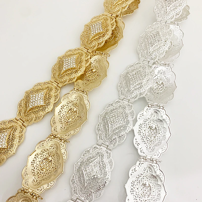 Caucasian nationality full rhinestone gold silver wedding decoration belt hollow carving metal waist chain adjustable length