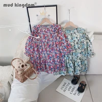mudkingdom girl floral dress print ruched puff sleeve button spring princess dresses for little girls long sleeve kids clothing