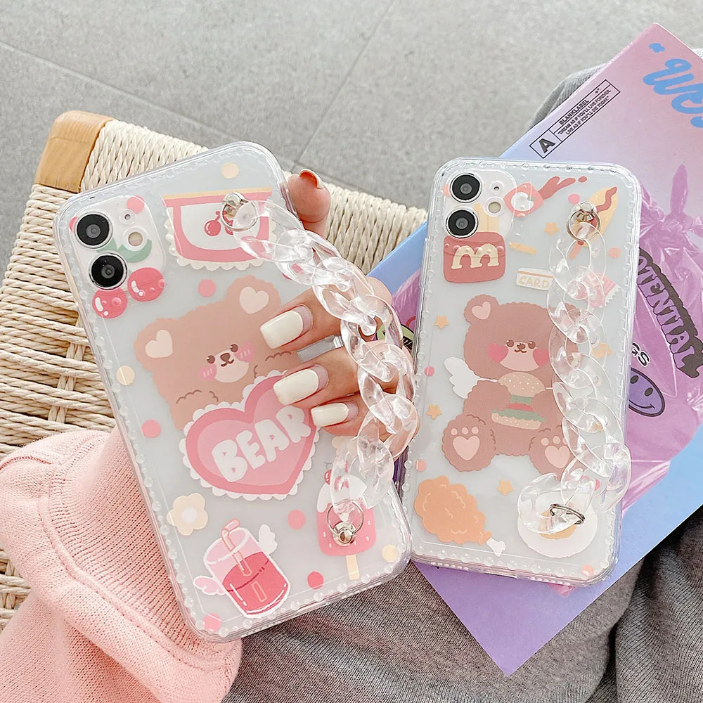 

Korea Love heart Bear Bracelet Phone Cases for iPhone 12 Pro Max X XS XR 7 8 Plus SE 2020 11 Transparent Chain Soft Back Cover