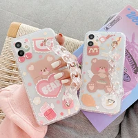 korea love heart bear bracelet phone cases for iphone 12 pro max x xs xr 7 8 plus se 2020 11 transparent chain soft back cover