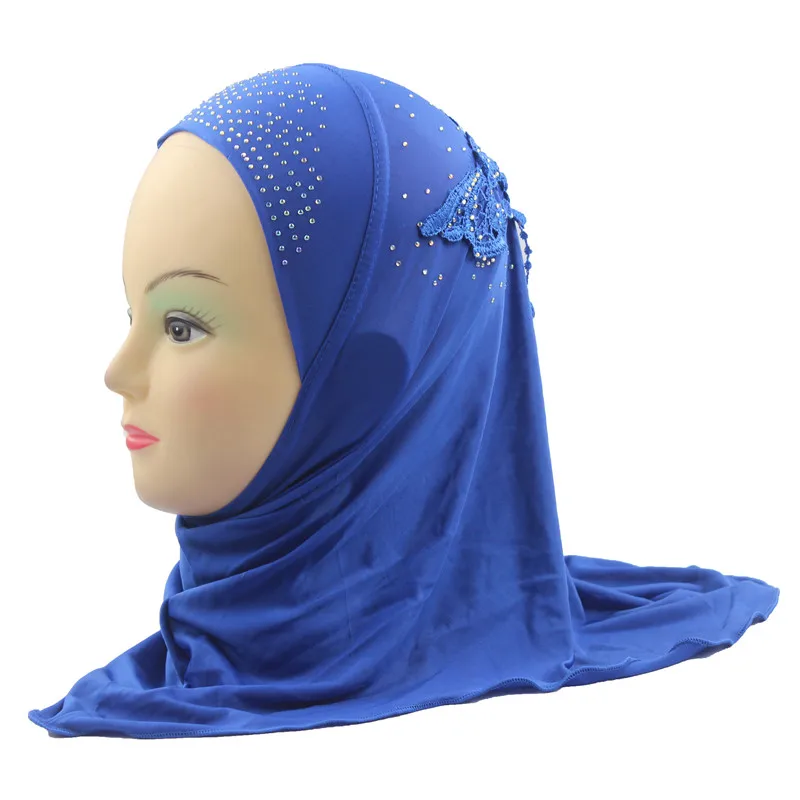 Blue Girls Hijab Kids Muslim Beautiful Embroidery Hijab Islamic Fashion Scarf Shawls Flower Pattern about 45cm - Цвет: Blue