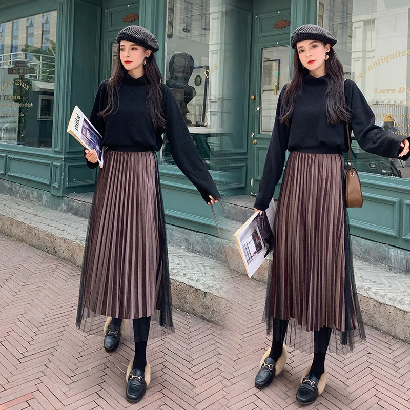 

Winter Autumn Women's Pleated Skirt Velvet Print High Waist Long Skirts Women Young Girl Thick Large Size Fahion Female Falda