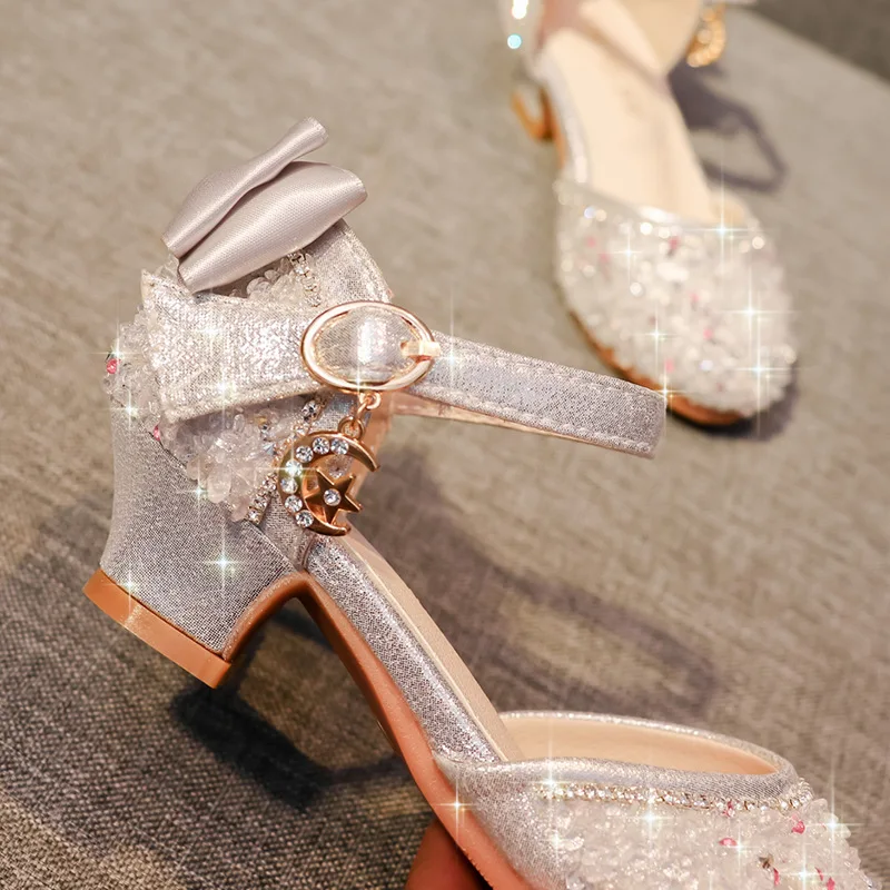 Kids Girls Shoes Sandals Bling Shiny Rhinestone Bow Princess High Heels Dance Shoes Girls Children Waterproof Antiskid Footwear