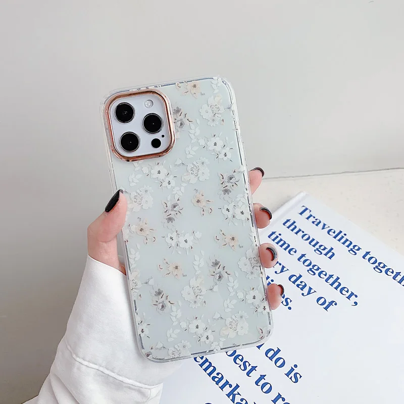 

Luxury Plating Case For iPhone 11 Pro 12 Max XR Case X XS Max 7 8 Plus 12 Mini Smooth Back Cover Flowers Girls Portable Shell