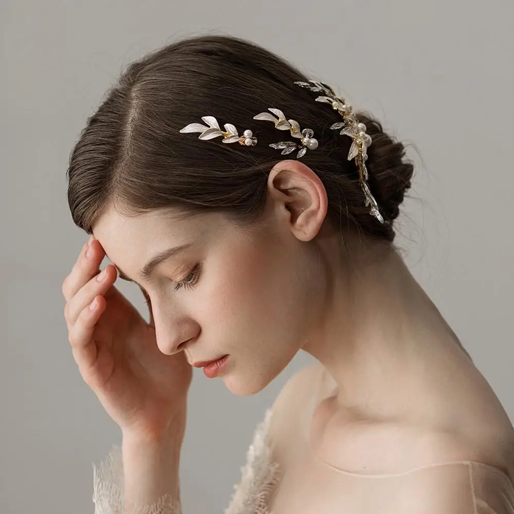 Аристократические Стразы с золотыми листьями и жемчугом ручной работы заколка