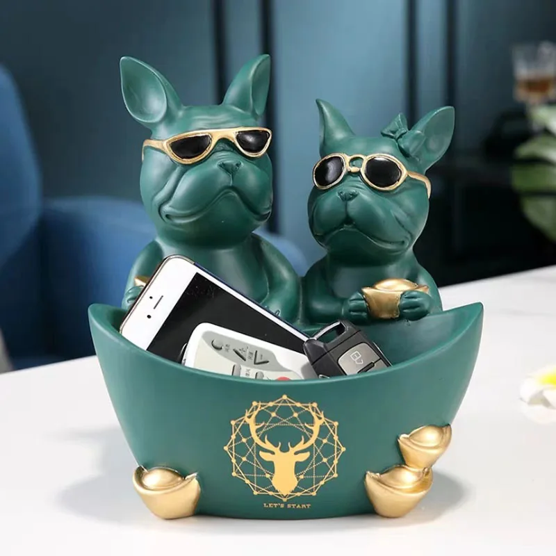 

New Design Creative Light Luxury Home Decoration With Glasses Couple French Bulldogs Figurine Fruit Snack Storage Tray