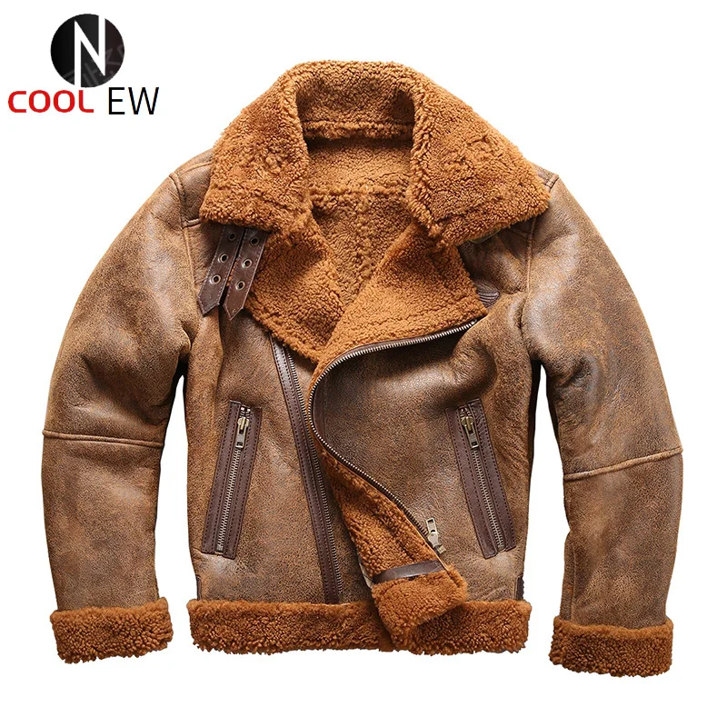 

European Size High Quality Super Warm Man’s Genuine Sheep Big B3 Shearling Bomber Military Fur Male Jacket 8006