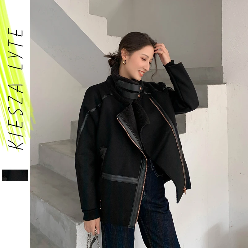 2019 зимняя женская Повседневная Байкерская мотоциклетная куртка черное теплое