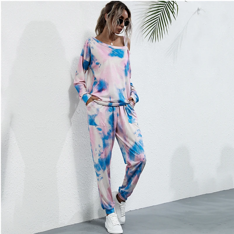 European and American fashion women's wear, tie-dye gradient, one-shoulder hoodie, casual pants