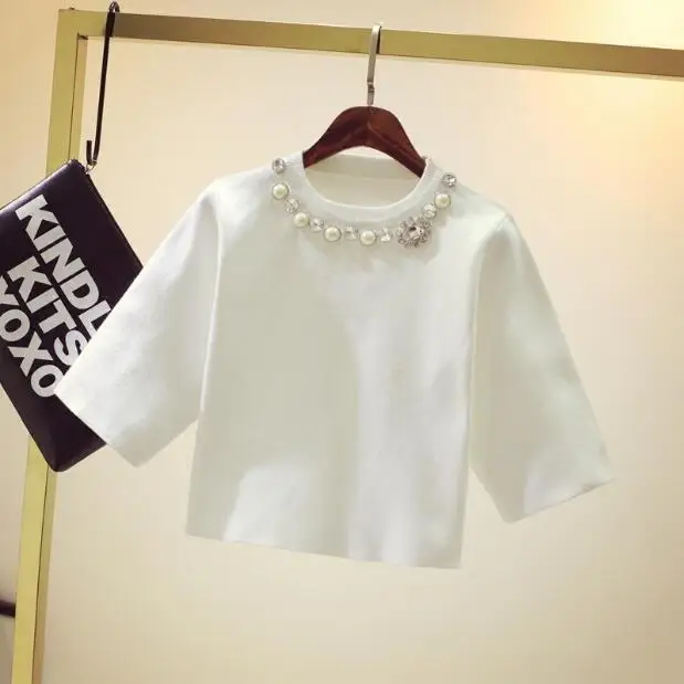 Модная черная элегантная Однотонная футболка с коротким рукавом и круглым