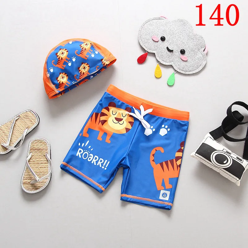 SIZE 140 Пляжные шорты для мальчиков с шапочкой, купальный костюм с динозавром из мультфильма Трусики для плавания детские плавки детская одежда для купания для маленьких мальчиков - Цвет: SIZE 140