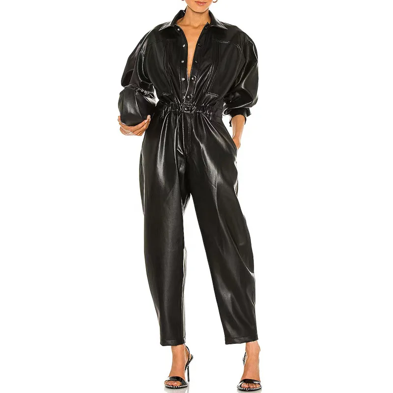 

Women Autumn Leather Jumpsuits High Waist Tunic Casual Jumpsuits Rompers