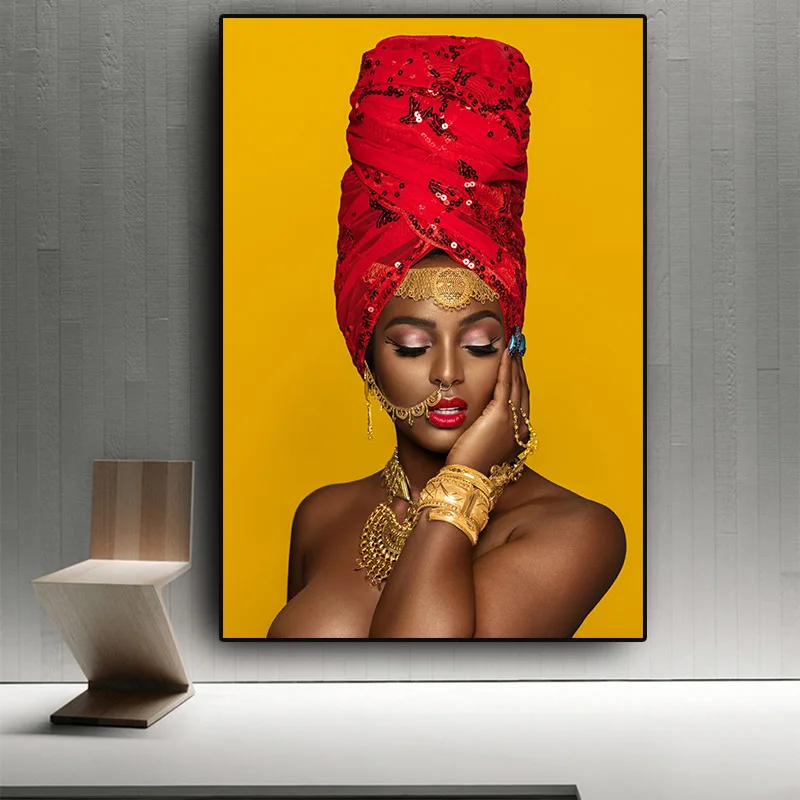 

African Beauty Sexy Lips Nude Black African Woman in Gold Oil Painting on Canvas Posters and Prints Wall Picture for Living Room