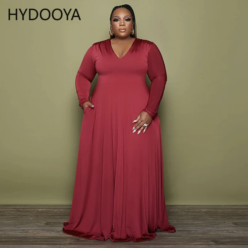 

Plus Size Loose Dresses Women Clothes Elegant Sexy Deep V Neck Long Sleeve High Waist Fit and Flare Dress Dropshipping Wholesale