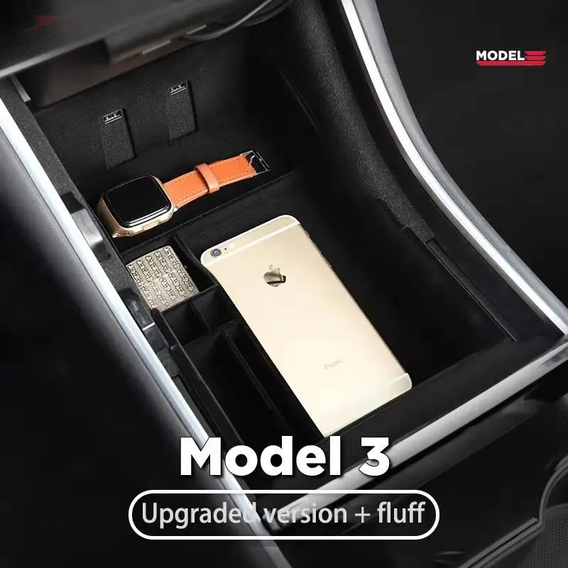 

For Tesla Model3/Y/X/S Central Control Storage Box Flocking ABS Central Control Cup Holder Storage Double Armrest Box Storage
